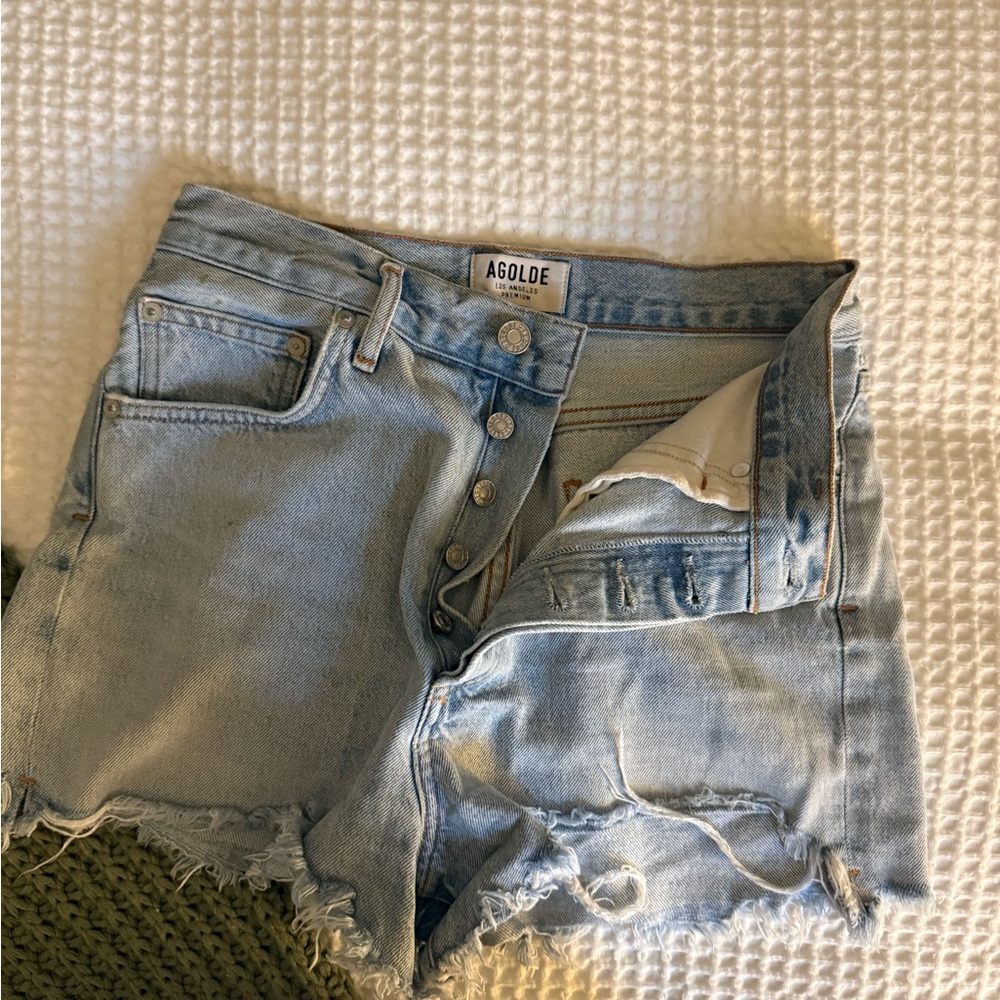 Agolde Blue Distressed Jean Shorts with Raw-Edge Hems